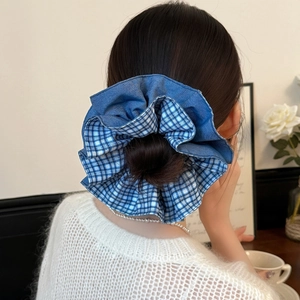 Blue plaid and lace double layer hair scrunchie for elegant bun hairstyles