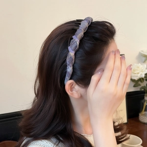 Elegant purple and grey plaid twisted fabric headband for women with soft ruffled texture