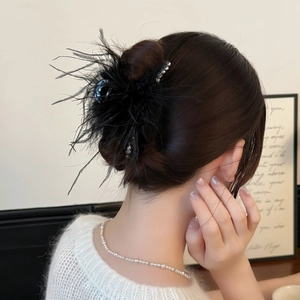 Pince à cheveux élégante avec plumes noires et strass pour une coiffure de princesse rétro