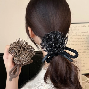 French Romantic Knitted Hollow Rose Flower Bow Hair Tie Elastic Scrunchie For Women Sweet Floral Hair Ring Accessory