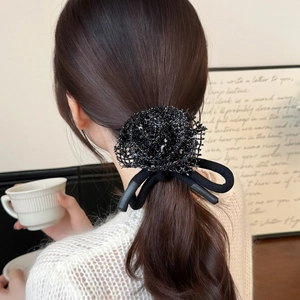 French romantic black knit hair tie with elegant rose bow and ribbon for women