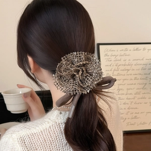French romantic knitted hair tie with 3D rose and bow tie design for women's hairstyle