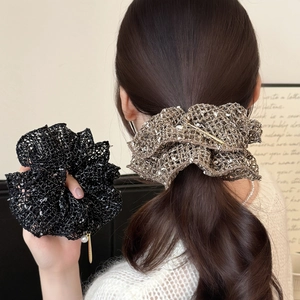 Elegant Knitted Tweed Scrunchie With Imitation Artificial Pearl And Metal Charm Large Hollow Out Ponytail Holder Hair Tie For Women