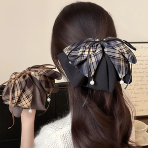 Vintage Plaid Bow Hair Clip With Artificial Pearl Pendant Large Fabric Checkered Ponytail Clip Elegant Hair Accessories For Women
