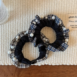 Chic 2-piece set of black and plaid ruffle scrunchies with white faux pearls detail
