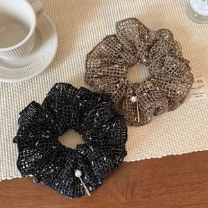Black and brown knit mesh scrunchies with white pearl and gold bar accents
