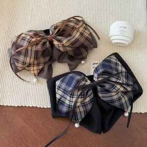 Elegant plaid bow hair claw clip with pearl pendants in brown and blue colors