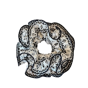 French style black and white crochet knit scrunchie with elegant star pattern texture