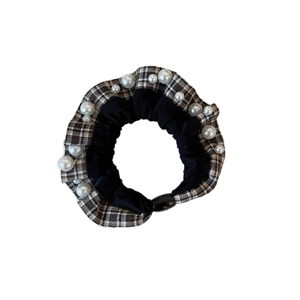 Elegant plaid and black satin scrunchie hair tie with white pearl embellishments