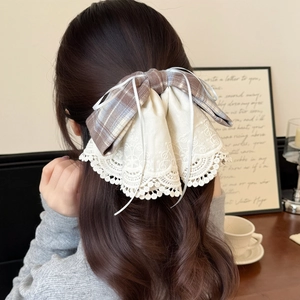 Vintage Plaid Bow Hair Clip With Lace Ribbon Embroidery Sweet Fabric Ponytail Clip Fashion Hair Accessories For Women