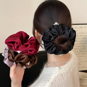 Elegant Satin Scrunchie With Faux Artificial Pearl Embellishment Pleated Elastic Hair Band For Women Daily Hair Ties Accessory