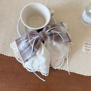 Plaid lace bow hair clip with vintage blue and brown pattern and delicate white ribbon