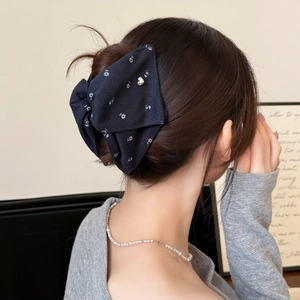 Floral print chiffon bow hair claw clip in dark blue with golden heart detail for women