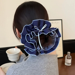 Large Blue Plaid Ribbon Bow Scrunchie Elastic Fabric Hair Tie Korean Balletcore Style Hair Accessories For Women
