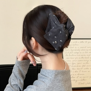 Floral print bow hair claw clip with heart pendant for elegant bun styling accessories