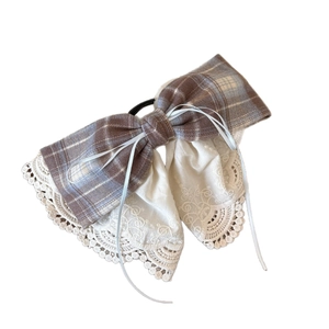 Plaid and white lace bow hair clip with vintage embroidery for women hair styling