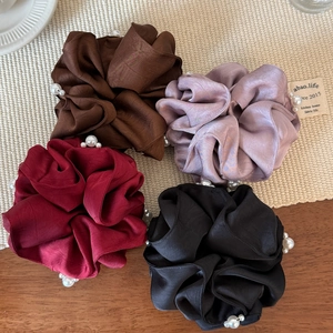 Set of 4 elegant satin pearl scrunchies in burgundy, black, coffee, and lilac colors