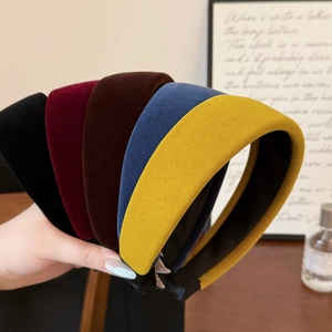 Five colors of thick velvet headbands in mustard yellow, navy, coffee, wine, and black