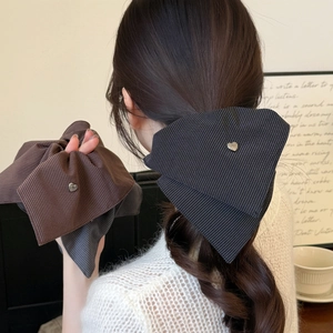 Striped Fabric Scrunchie With Silver Metal Heart Charm Elastic Hair Tie Ponytail Holder For Women Korean Style Headwear
