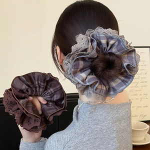 Elegant Plaid Lace Scrunchie Four Layer Cloth Hair Tie Vintage Large Intestine Hair Ring For Women Girls Daily Accessory