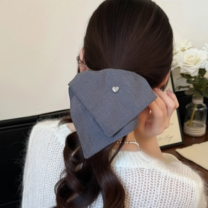 Elegant grey striped bow hair tie with silver heart rhinestone for women