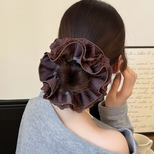 Elegant four-layer lace plaid large hair scrunchie in coffee brown with voluminous texture