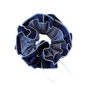 Navy blue checkered scrunchie with white ribbon tie and layered balletcore style