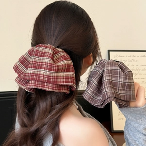 Plaid Bow Hair Claw Clip Fabric Ruffle Shark Clip Vintage Elegant Ponytail Holder For Women Daily Styling Accessories