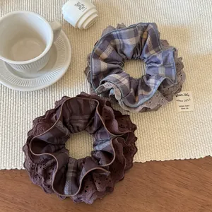Plaid lace scrunchies set in brown and grey-blue with elegant embroidery details