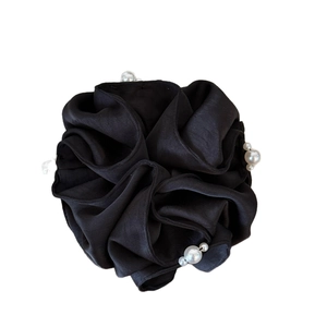 Elegant black satin scrunchie with white pearl accents for women's ponytail hair styling