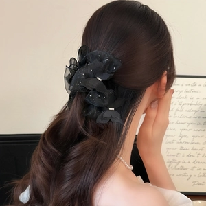 Eleganter großer schwarzer Haarklammer-Bogen aus Seersucker mit Glitzer für Damen