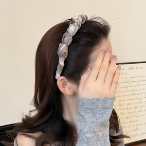 Blue and coffee checkered fabric headband with faux pearls and button accents