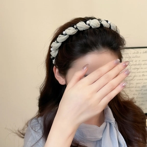 Chic beige knitted headband with pearls and rhinestones for women hair styling