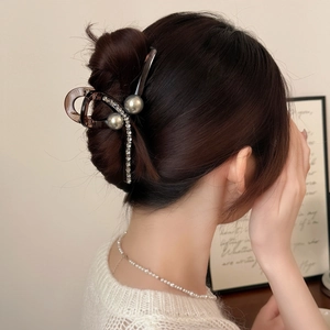 Große Acryl Haarklammer Für Damen Elegante Braun Transparente Haarklemme Mit Doppelten Künstliche Perlen Und Strass Luxus Haarschmuck