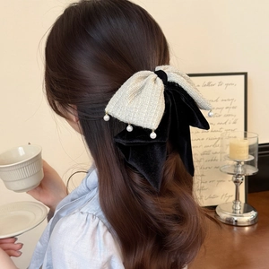 Eleganter Doppellagiger Haarschleifenclip Aus Samt Und Tweed Mit Kunstperlen Französischer Retro Haarclip Für Damen Haarschmuck