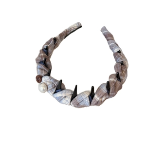 Blue and brown plaid woven headband with non-slip teeth and pearl detail for women