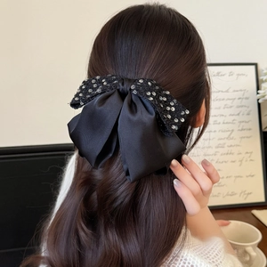 Damen Elegant Schwarz Satin Schleife Haarklammer Mit Silber Pailletten Mode Handgemachte Pferdeschwanz Haargriff Haarschmuck