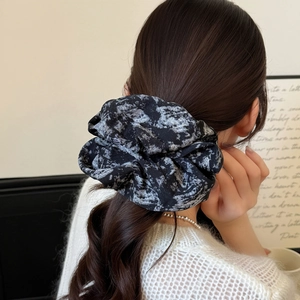 Vintage Chinese ink marble print oversized scrunchie hair tie on model back view