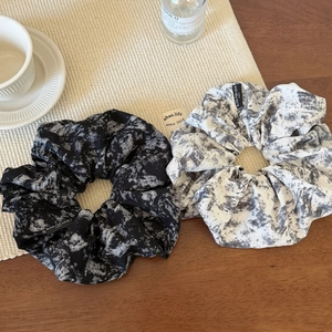Set of two vintage Chinese ink wash marble scrunchies with elegant textile textures