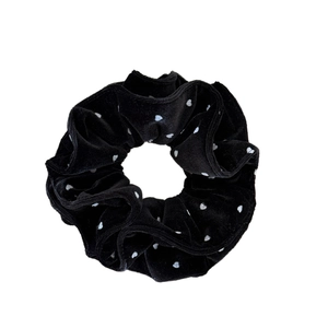 Elegant black velvet scrunchie with white heart pattern for bun hair accessories