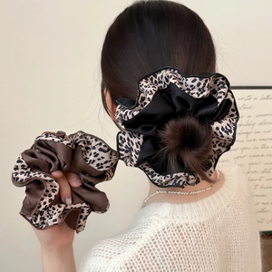 Large Leopard Print Scrunchie Satin Patchwork Hair Tie Oversized Ruffled Ponytail Holder For Women Vintage Hair Accessories