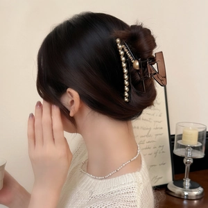 Pinza per Capelli con Künstliche Perle a Forma di Z e Strass Grande Ambra Trasparente Clip per Capelli Donna Francese Elegante Accessori Styling