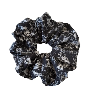 Vintage Chinese ink marble print scrunchie in gray and black with woven label detail