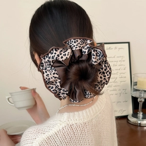Chic leopard print oversized scrunchie for women made of premium satin fabric