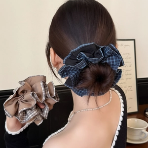 Chouchous en Tissu Plaid Élégants pour Femmes Fait à la Main Double Couche Plissé Élastique Cheveux Haute Élasticité Mode Cheveux