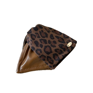 Vintage leopard print and brown leather triangular hair claw clip with golden logo