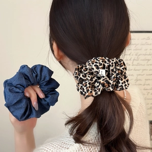Vintage Leopard Print Denim Texture Oversized Scrunchie Handmade Cloth Hair Ties Retro Fashion Elastic Hair Rope For Women