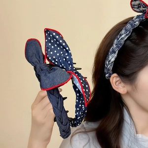 Korean Style Bow Headband For Women Polka Dot Plaid Denim Texture Fabric Twisted Braided Hair Hoop Non-slip Hair Accessories