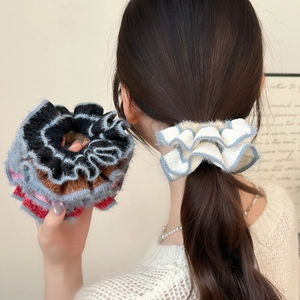 Handmade Knitted Plush Scrunchie Large Fluffy Hair Tie Sweet Contrast Color Autumn Winter Elastic Hair Rope For Women