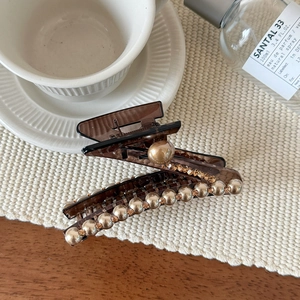 Elegante molletta per capelli marrone a forma di Z con perle dorate e strass ambrati